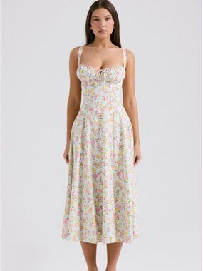 House of CB “Carmen” Dress Cotton bustier sundress– Blue Meadow Print